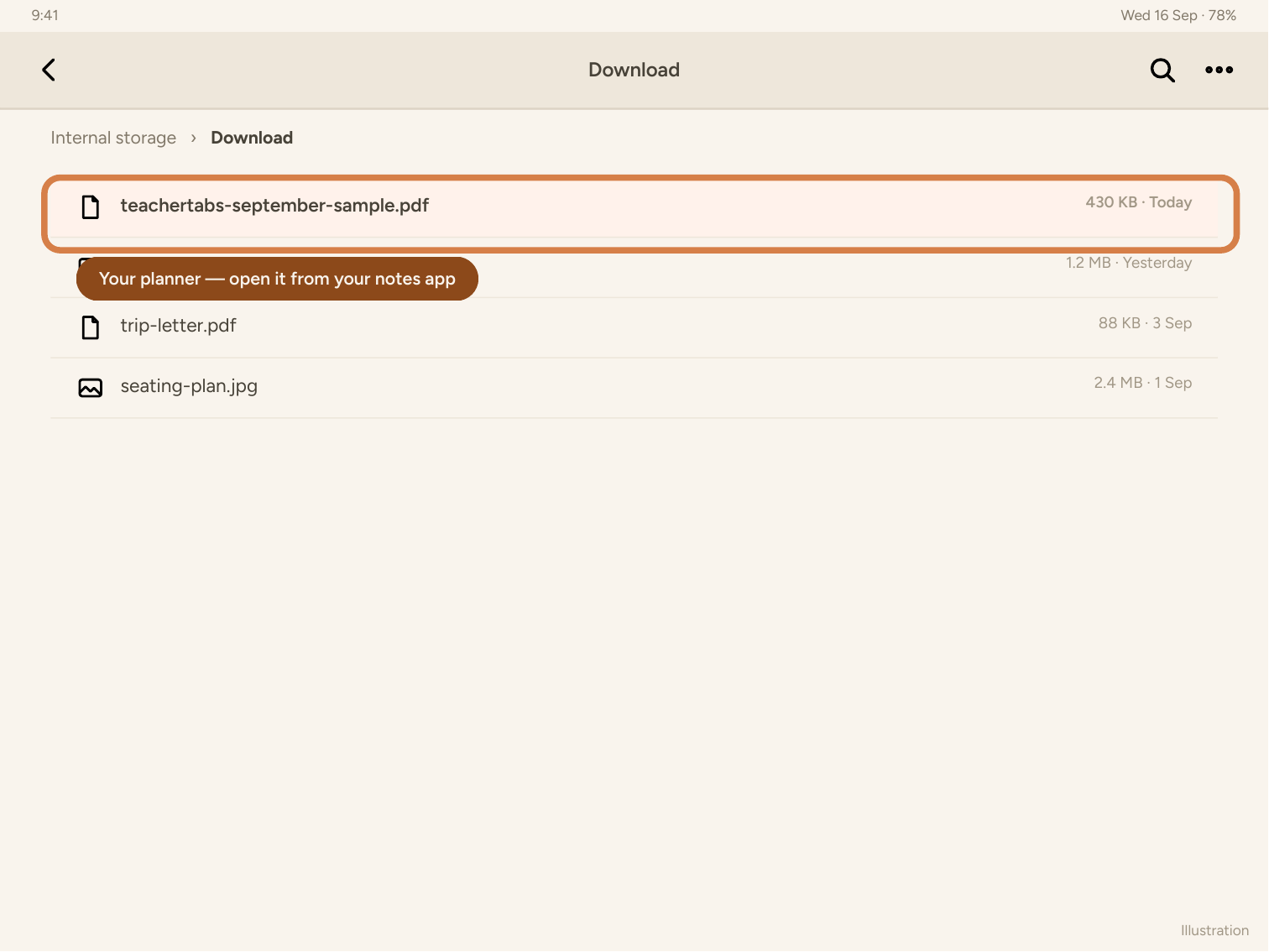 The Downloads folder on an Android tablet showing the planner