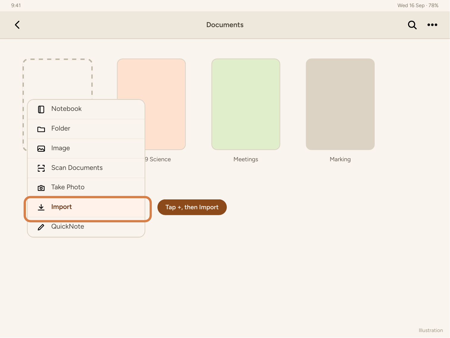 The New menu in GoodNotes with Import highlighted