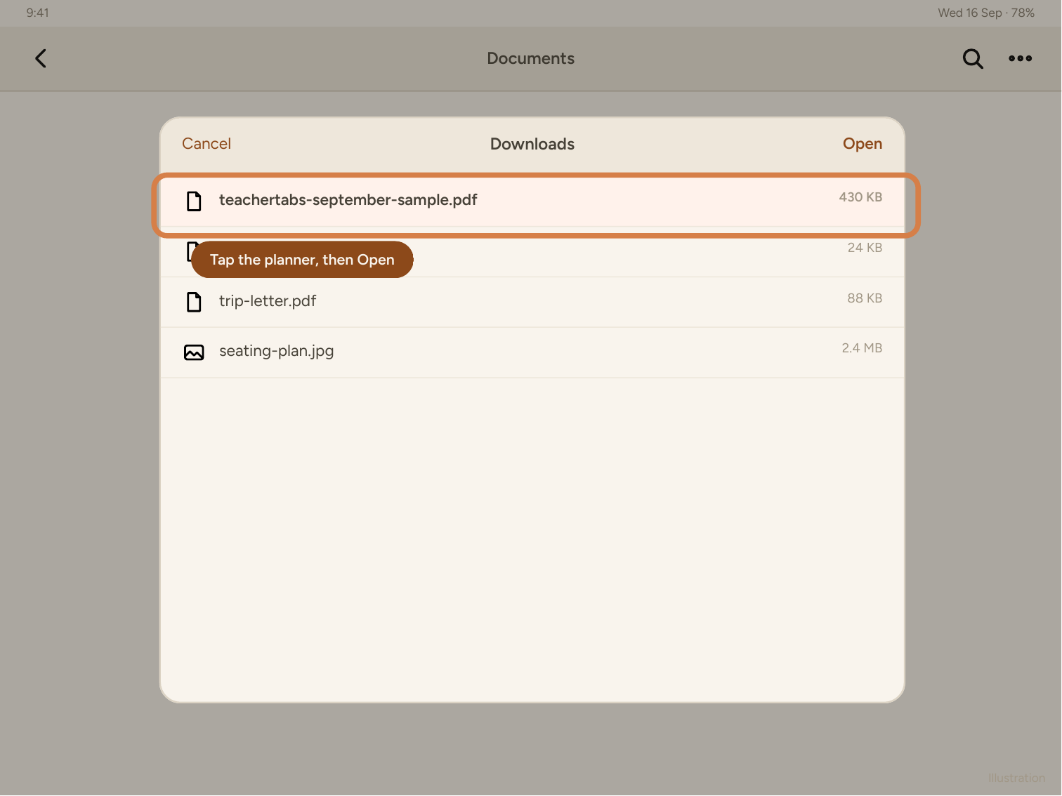 Choosing the planner PDF in the Files picker
