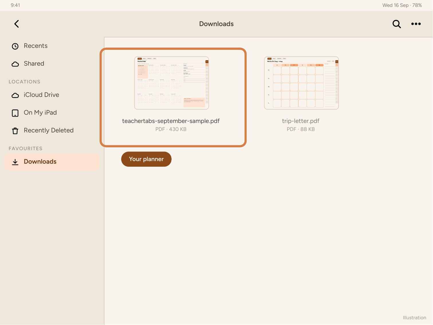 The Files app on iPad showing the planner in the Downloads folder