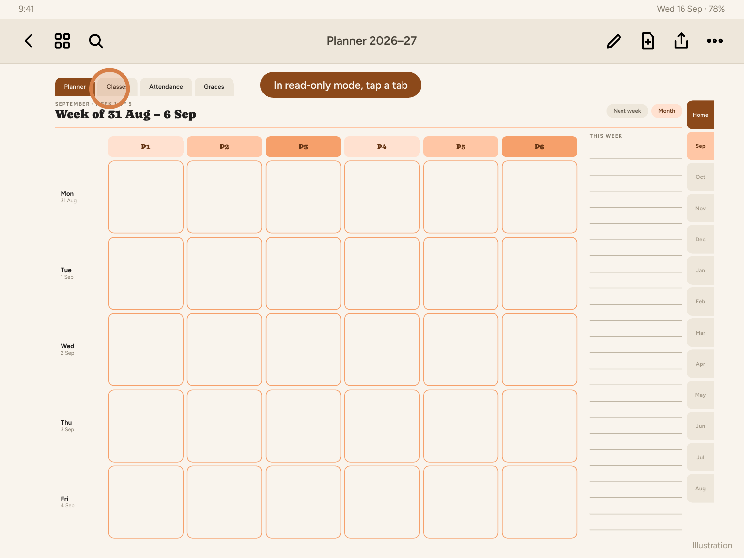 Tapping a tab on the planner in read-only mode